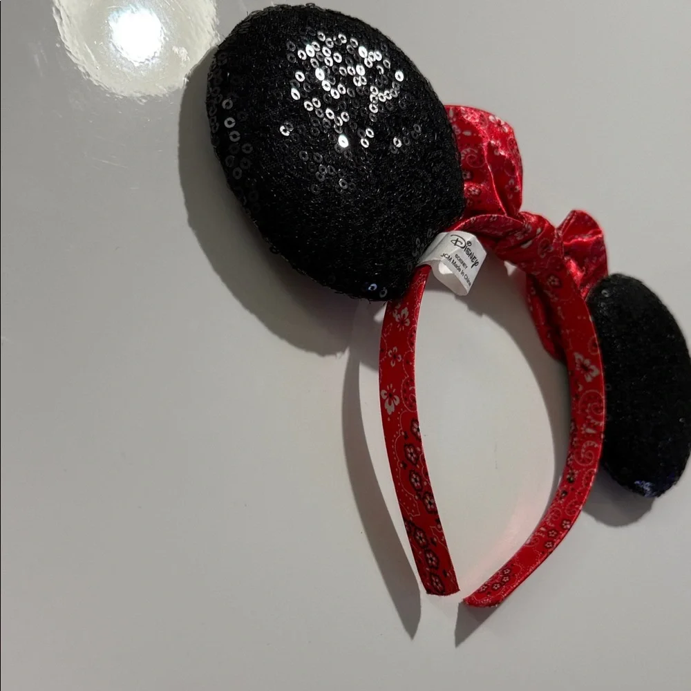 Disney Black Sequin Minnie Ears Headband with Red Bandana Bow